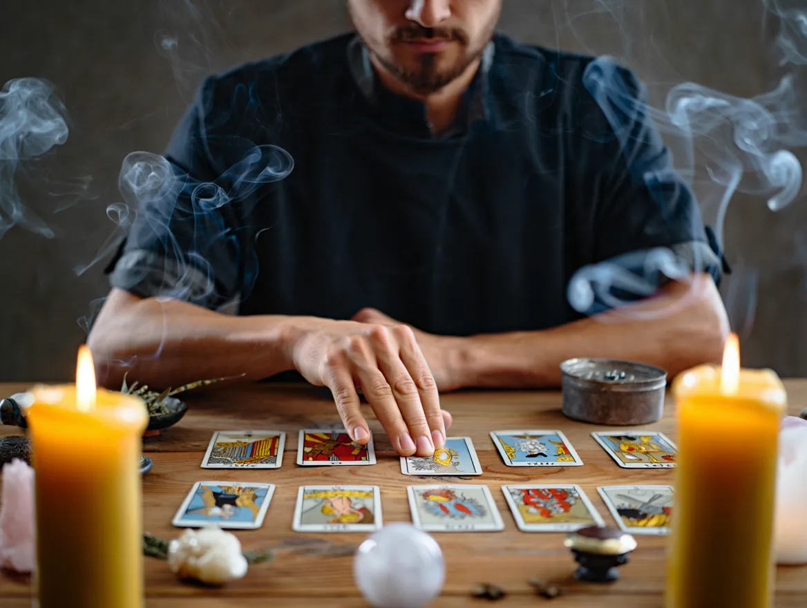 Обряд гадания на Таро — гадалка проводит эзотерический ритуал при свечах